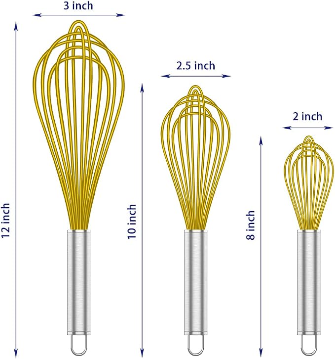 OYV Yellow Silicone Whisk, Professional Whisks For Cooking Non-Scratch, Stainless Steel & Silicone Wisk, Plastic Rubber Whisk Tool For Nonstick Cookware Pans, Silicon Wisks Set of 3.