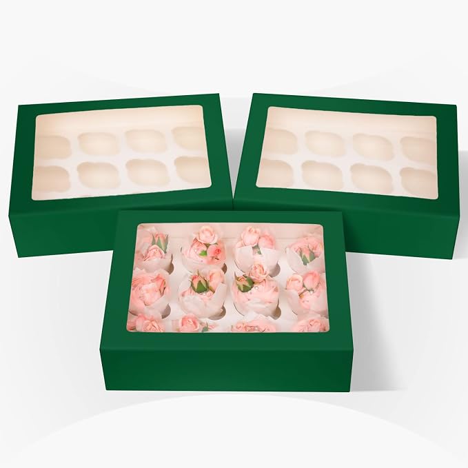 Bakepacker 12 Cupcake Containers 10-Packs Forest Green Cupcake Box Cupcakes Carrier, 12 Cupcake Boxes with Window 13"x10"x3.5"（Auto-pop up）