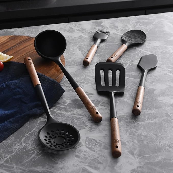 WAGENSTEIGER Set of 2pc Silicone Cooking Utensils: Wooden Handle Slotted Spatula + Cooking Skimmer, Heat Resistant Cooking Utensil, BPA Free, Safe Material for All Cooking Surfaces, Non-Slip Grip