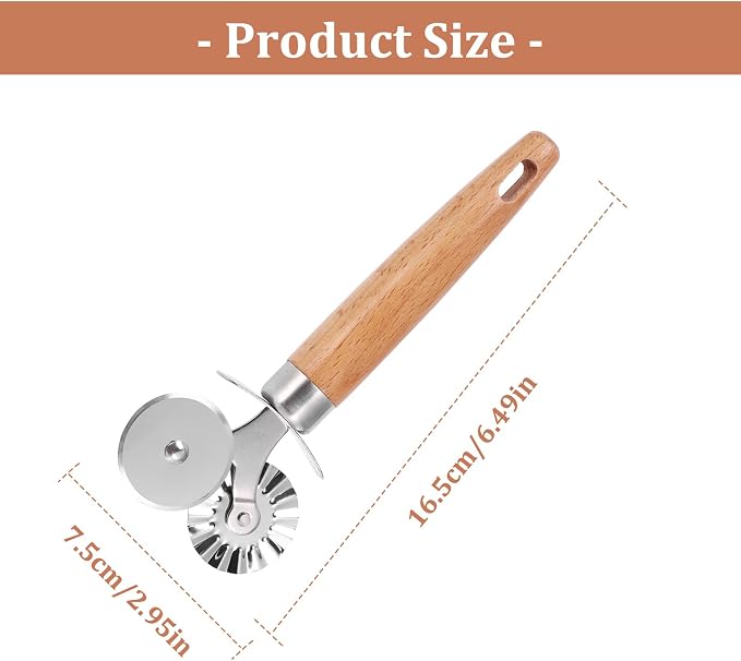 SHANGSKY Pastry Cutter Wheel, Ravioli Cutter Wheel with Long Wooden Handle, Pasta Cutter Dumpling Lace Making Noodle Ruffled Edge Cookies Pie Cutter Kitchen Dough Cutting Tool (Dual Wheel)