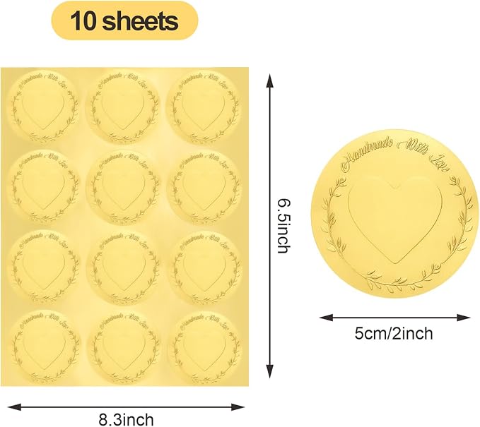 120Pcs Handmade With Love Stickers, 2 Inch Embossed Gold Foil Handmade Stickers Labels for Small Business Packaging, Wedding Favors, Crafts, Birthday, Envelope Seals – Round Adhesive Thank You Tags
