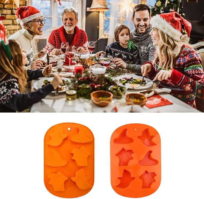 6 Cavities Silicone Cookies Biscuit Mold, Christmas Halloween Candy Mold, Reusable DIY Baking Mold Jelly Chocolate Mold, Ice Cube Tray Wax Melt Molds(Set of 2 Orange Ghost)