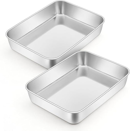 Leonyo 2 Pack Stainless Steel Lasagna Pan, 9.3 x 7 Inch Bakeware Cake Pan for Baking, Rectangle Baking Trays Sheet for Commercial Kitchen, Focaccia Bread, Casserole Dish - 2 Inch Deep