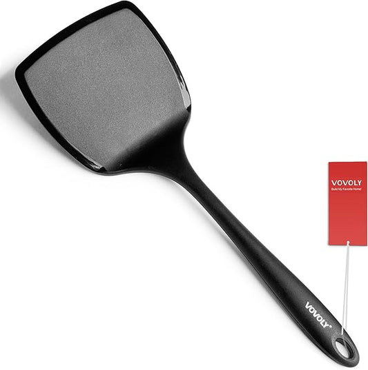 Silicone Pancake Spatula Turner with Lengthened Handle& Seamless Design, Heat Resistant Cooking Spatulas for Nonstick Cookware, Large Flexible Kitchen Utensils, Flipper for Egg, Pancake, Burger, Black