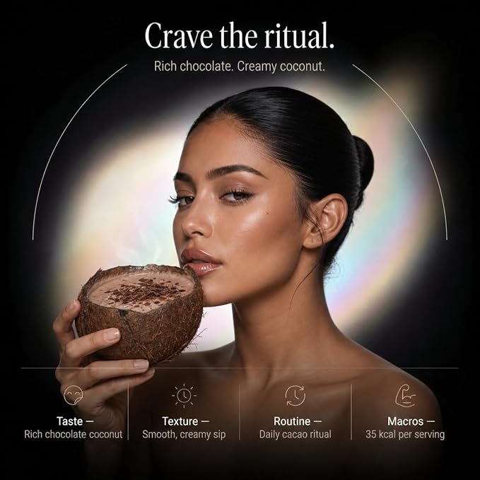 Mushroom Cacao Organic Powder Sugar Free - 1250mg Multi-Collagen Peptides Blend, Reishi, Chaga, Magnesium, L-Theanine, Turmeric & Camu Camu, 30 Servings (Packaging May Vary)