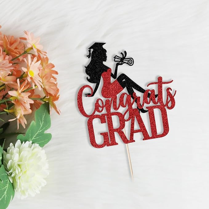 Congrats Grad Cake Topper,2026 Girl Graduation Cake Topper, Congrats Grad Decorations,2026 High School/College/Senior Graduation Party Decorations Supplies (Black red)