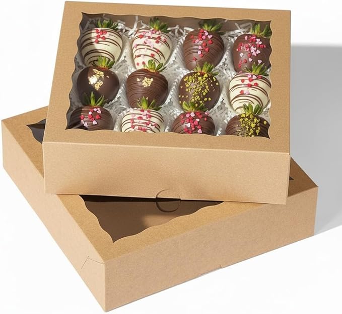 25Pack 9x9x2.5 Kraft Brown Bakery Boxes with Clear Window | Pie Boxes, For Chocolate Strawberries, Pastries, Muffins, Donuts, Cookie, Breakable Heart