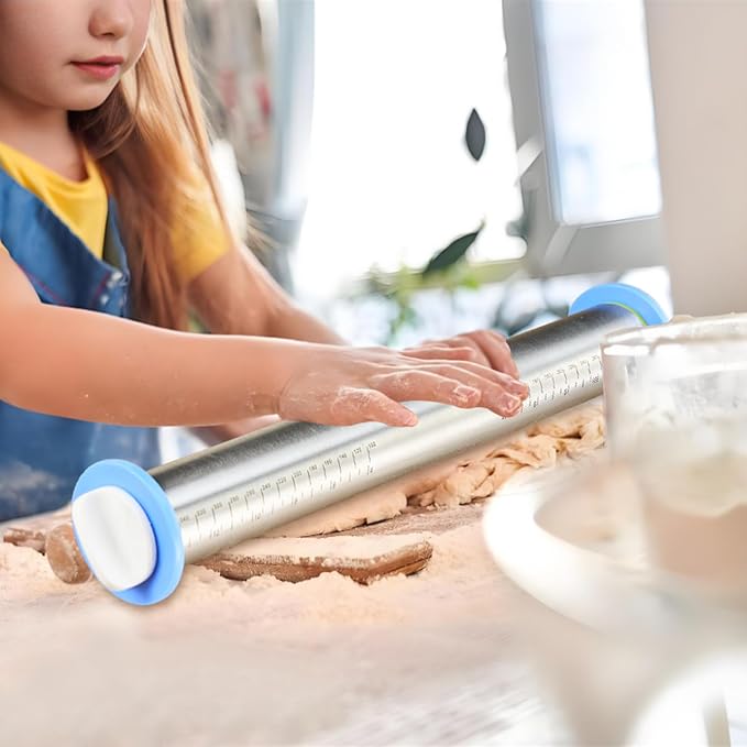 Adjustable Rolling Pin 17” with 4 Thickness Rings for Baking, Stainless Steel Dough Roller with Clear Measurement for Pizza, Fondant, Pie, Cookies, Baking Supplies, Pastry, Pasta