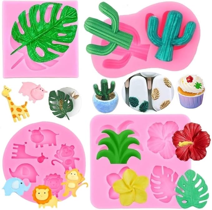 Tropical Flower Leaf Silicone Mold, 4 Pcs Hibiscus Plumeria Flower Cactus Fondant Molds Tropical Palm Leaves Chocolate Molds for Candy Cake Decoration Cupcake Topper Gum Paste Polymer Clay