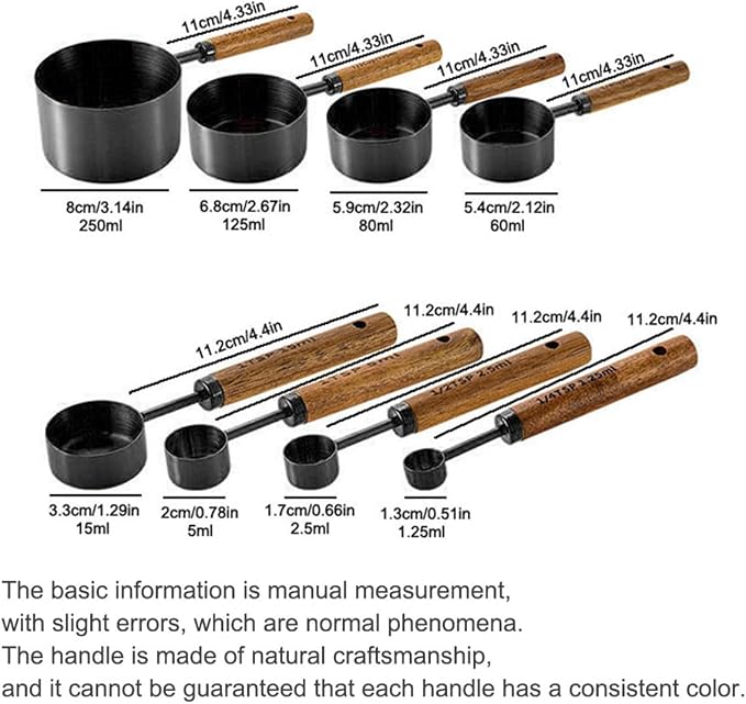 8 pieces Black Measuring Cups Set and Measuring Spoons Set with Scale, BRIIEC Wooden Handle Stainless Steel Dry & Liquid Measuring Cup for Cooking Baking