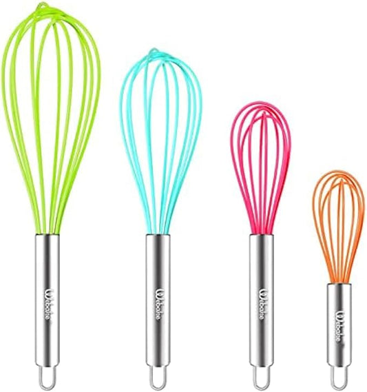 Webake Silicone Whisk Large Medium Small and Mini Whisk Set of 4, Heat Resistant Non-scratch Coated Kitchen Whisks for Cooking Nonstick Cookware, 4 Color Balloon Egg Wisk