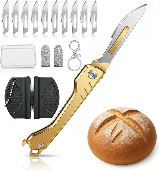 Bread Lame Dough Scoring Tool with 10 Razor Blades, Folding Bread Scorer Knife Equipped with a Sharpener, for Homemade Bread, Sourdough Slashing, Baking Tools Kit-Protective Cover&Portable Keychain