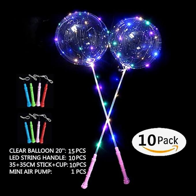 LED Light Up Bobo Balloons with Sticks,10 Packs Flashing Handles,20 Inches Bubble Bobo Balloons,70 cm Sticks,Christmas Birthday Party Decoration