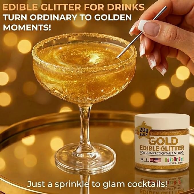 Gold Edible Glitter for Drinks 20g - Gold Edible Glitter for Cakes Cocktails Cake Decoration Sprinkles - Gold Luster Dust for Cocktail & Cake Topper Chocolate Baking Decorating Fondant Cookies - Drink Shimmer Spray Flakes - Food Grade Vegan, Kosher, Ha...