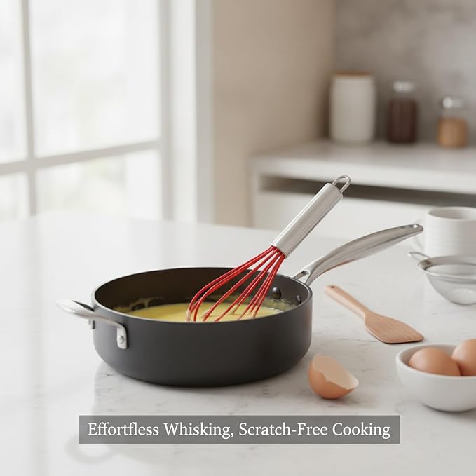 8-Inch Silicone Coated Egg Whisk, Stainless Steel Wire Mixer for Non-Stick Cookware, Red Kitchen Tool for Baking and Cooking