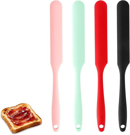 4 Pcs Silicone Jar Spatula, Long Handle Skinny Spatula Scraper for Jars & Bottles, Heat Resistant Small Spatulas Set for Kitchen Baking Sourdough Cake Makeup Essentials, Black+Red+Light Green+Pink