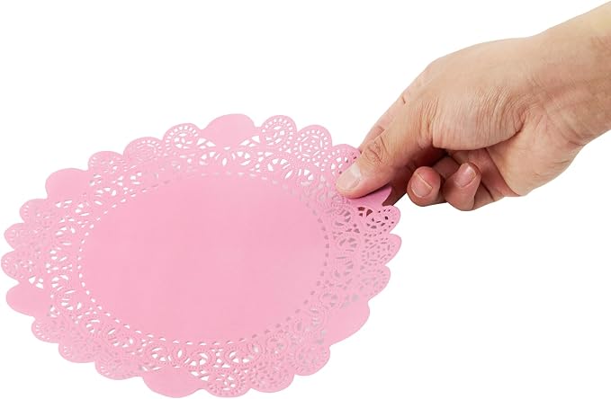 Pastry Tek 8 x 8 Inch Paper Lace Doilies, 4000 Disposable Table Doilies - Elegant Lace Finish, Long Lasting, Pink Paper Doily, for Pastries, Cupcakes, Desserts - Restaurantware