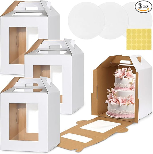 3 Pack Tall Cake Box for Tier Cake with Cake Board, 12 x 12 x 14 Inch Large Tiered Cake Carriers with Clear Windows & Handle, Disposable Bakery Take Out Transport Container for Birthday Wedding Party