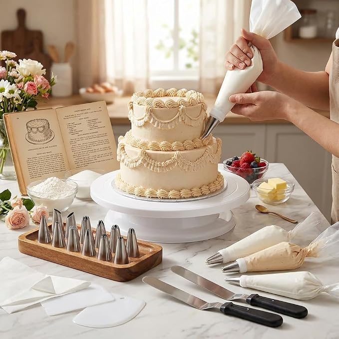 Cake Decorating Kit with Cake Turntable, 69-Piece Baking Supplies Set Including 12 Piping Tips, 50 Piping Bags, 3 Cake Scrapers, 2 Frosting Spatulas and Coupler, Easy Cake Decorating for Beginners