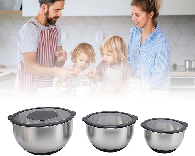 Stainless Steel Mixing Bowls Set, 3 Piece Bowl and Grater Set with Lids, 10in 8.5in 6.9in Nested Kitchen Prep Mixing Bowls for Baking Salad Food Prep