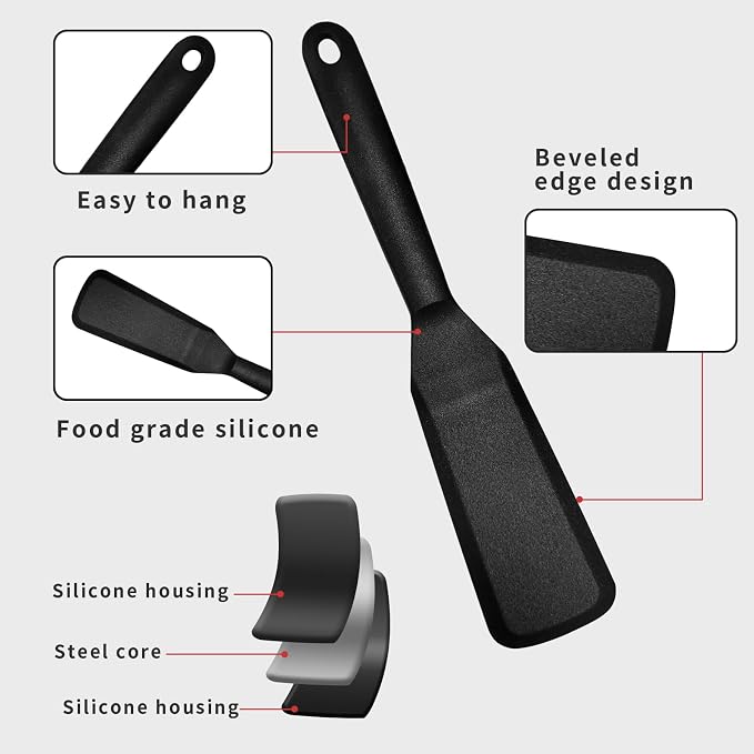 Dioycli Silicone Spatulas for Cooking Heat Resistant Pancake Spatula, Non Stick Long Omelette Spatula Turner Bpa Free 2 Pieces for Crepes Egg Burgers Pizza Cookie (Black)