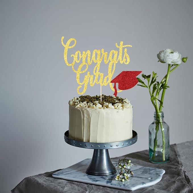 Congrats Grad Cake Topper,2026 Graduation Cake Topper, Congrats Grad Decorations,2026 High School/College/Senior Graduation Party Decorations Supplies. (Congrats Grad Gold red)