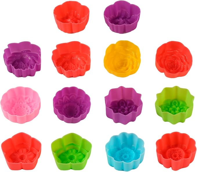 14Pcs Mini Size Silicone Molds, 2 x 0.8 inch Cupcake Multi Flower Shapes Baking Cups Non-Stick Donut Wrapper Mold Muffin Liners