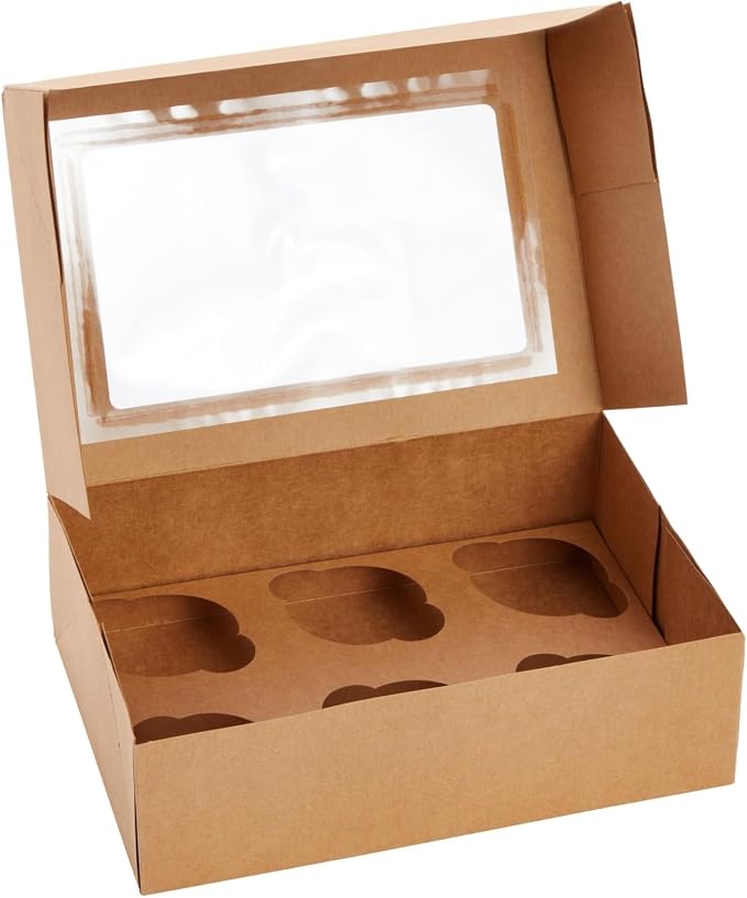 Juvale Cupcake Boxes - Clear Window Display - Easy Assembly for Muffin Packaging - Food Grade Cupcake Containers - Pack of 24, 6-Count, Brown Paperboard, 9.4 x 6.2 x 2.9 in