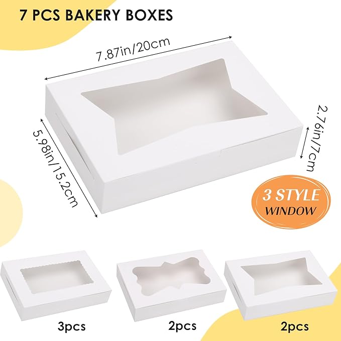 TOMNK 7pcs Cookie Boxes, 12x8x2.5 Inches White Bakery Boxes with 3 Style Window for Chocolate Strawberries, Breakable Heart, Pastries, Desserts, Cake Pops & Treats, Great Gift for Mom