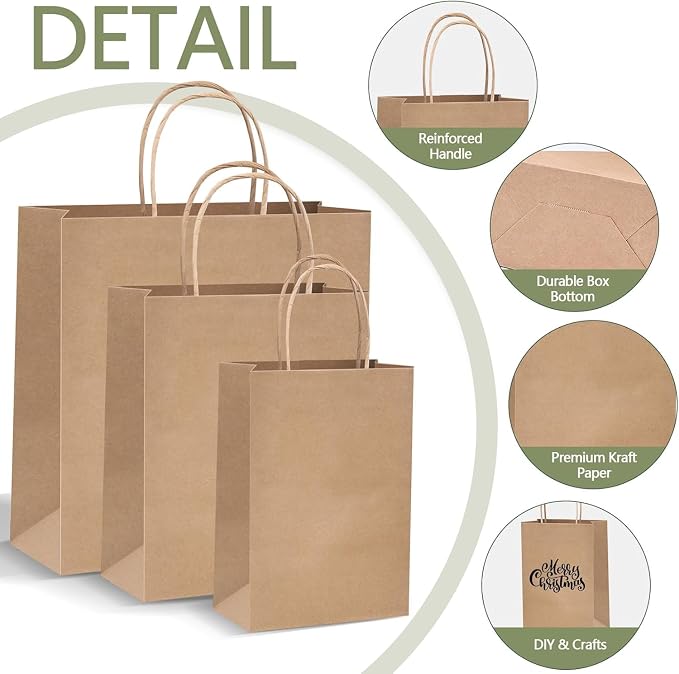 COGLARING 150Pcs Brown Kraft Paper Bags with Handles - Bulk Assorted Sizes for Retail, Takeout, Bakery & Party Favors | Durable Shopping & Gift Bags for Merchandise, Small Business