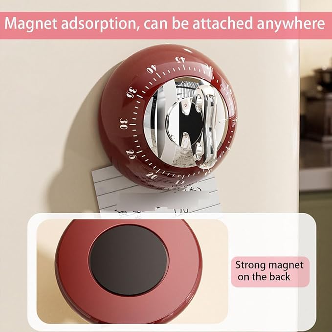Retro Mechanical Kitchen Timer, Red, 60-Minute Countdown with Magnetic Back, Wind-Up Design, Loud Alarm for Cooking, Home Use (Green and Plastic Material)