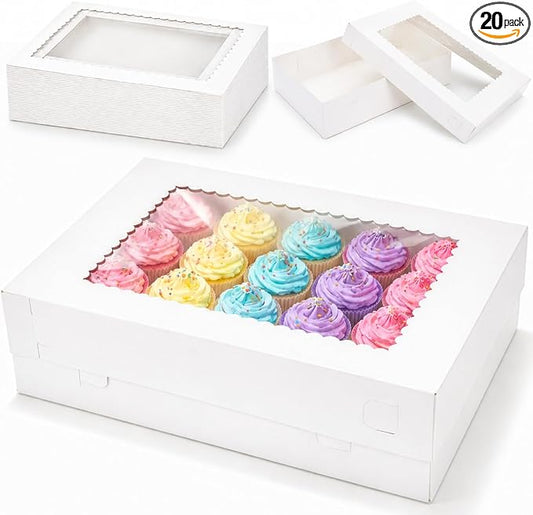 20 Pieces 16x11x4 Inch Cake Boxes, White Rectangular Sheet Cake Boxes with Window, Large Paperboard Container for Cookies Pastry Baking Donuts Cupcake Pie Packaging