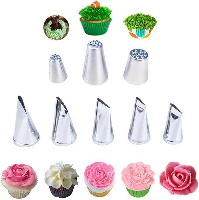 5 Pieces Large Piping Tips Set and 3Pcs Russian Grass Cream Tips DIY Decor Baking Tool, Stainless Steel Piping Nozzles Kit for Pastry Cupcakes Cakes Cookies Decorating