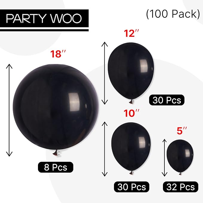 PartyWoo Black Balloons 100 pcs Different Sizes of 18 12 10 5 Inch Black Balloons Arch Kit Garland for Baby Shower Birthday Graduation Casino Gaming Anniversary Race Car Party Decorations Black-Y18