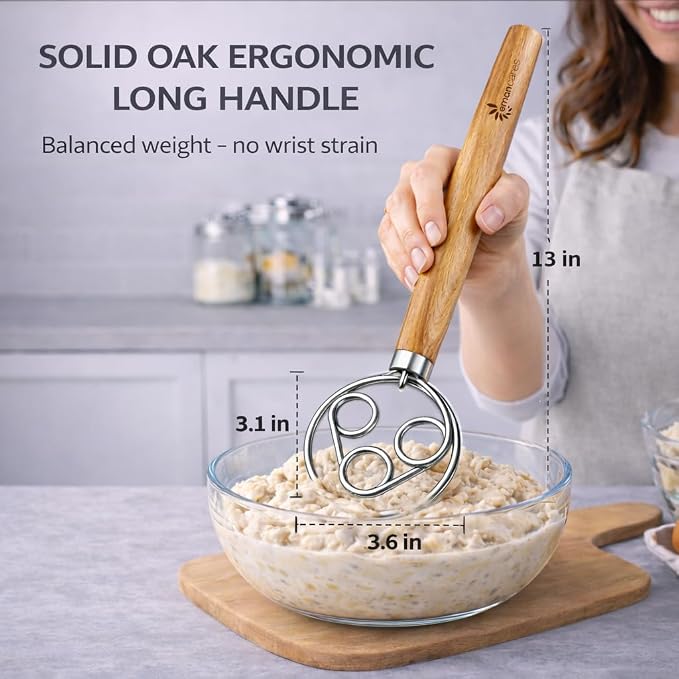Danish Dough Whisk for Sourdough – Thick Stainless Steel Dutch Whisk with Ergonomic Oak Handle – Heavy-Duty Dough Mixer for Bread & Baking