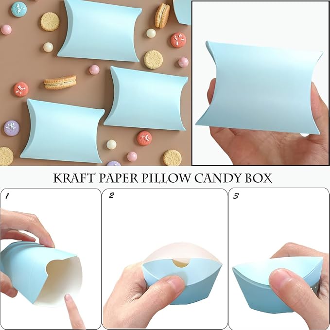 50 Pcs Kraft Paper Pillow Gift Boxes,3.5x2.6 Inch Mini Folding Treat Boxes, Creative Favor Box Folding Treat Boxes for Bakery, Candy, Jewelry, Wedding & Party Favors(Light blue)