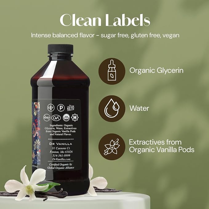 Organic Vanilla Alcohol‑Free Flavor, 16 fl oz - Madagascar Bourbon vanilla, 100% natural, sugar‑free, GMO‑free, gluten‑free, vegan, paleo, keto, kosher, and halal