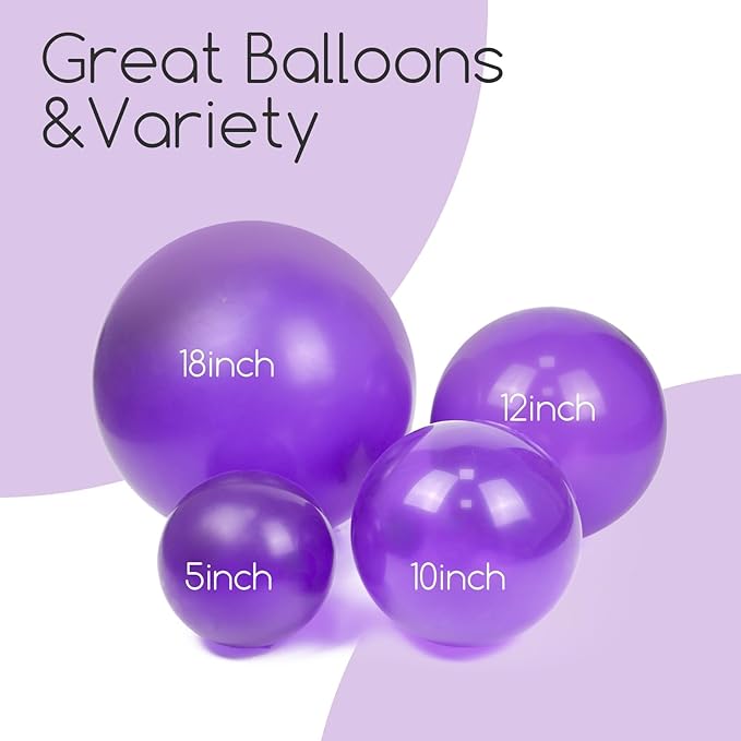 120pcs Purple Balloons, 18 12 10 5 inch Purple Balloons Different Sizes Balloon Arch Kit for Birthday Wedding Baby Shower Party Decorations