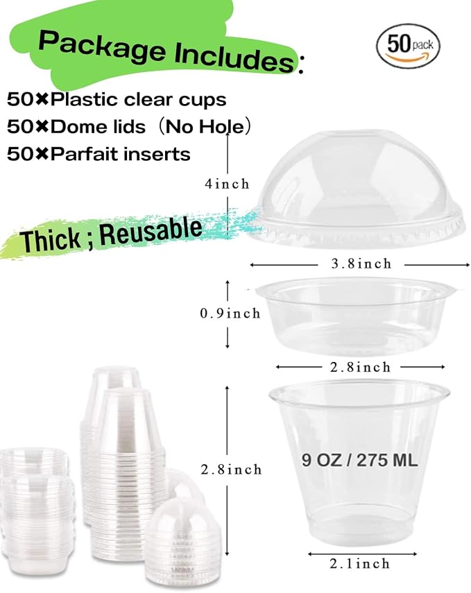 50 Sets 9 oz Clear Plastic Cups with Insert & Dome Lids(NO HOLE) - Disposable Parfait Cups with Lids for Fruit Yogurt Smoothie Iced Cold Drinks Dips and Veggies, No Leaking