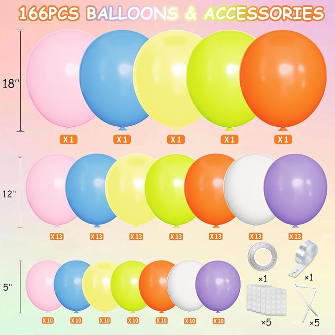 MEBAY Colorful Rainbow Balloon Arch Kit, 166Pcs Multicolor Birthday Bright Balloons Garland for Birthday Baby Shower Wedding Party Decorations