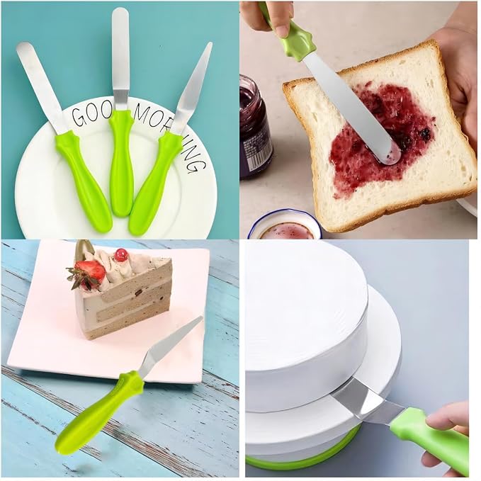 Cake Cream Spatulas, 3 Pieces of Cake Angled Spatula with Stainless Steel, Professional Cake Decorating, Pastry & Baking, Icing Frosting Cream Chocolate Cake Spatula (3 Pcs Green)