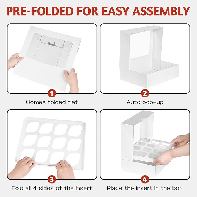 ZORRITA 12 Count Cupcake Boxes, 4 Pack, White | Auto-Popup, With Window & Inserts, Cupcake Carrier Containers, Fits Dozen Cupcakes Muffins
