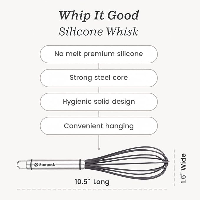 Starpack 'Whip it Good' Silicone Whisk for Nonstick Cookware - Non Scratch, 10.5" Whisk Heat Resistant 600°F - Kitchen Whisks for Cooking, Baking & Stirring - Silicone Coated Durable Rubber Egg Whisks