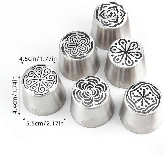 6 Pcs Stainless Steel Extra Large Russian Tulip Icing Tips Kit, Frosting Flower Piping Tips, 6 Russian Icing Tips,2 Cake Decorating Nozzles,1 Cleaning Brush,10 Disposable Pastry Bags for Baking