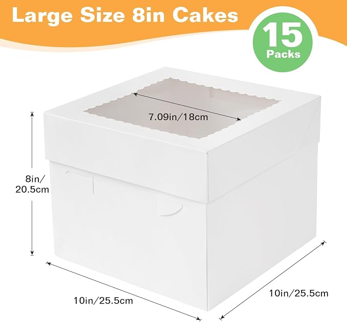 15Pcs 10x10x8 Inch Tall Cake Boxes with Clear Window & Cake Boards - Sturdy White Bakery Boxes with Scalloped Edge for Layer, Wedding, Birthday Cakes - Secure Transport for Professional & Home Bakers