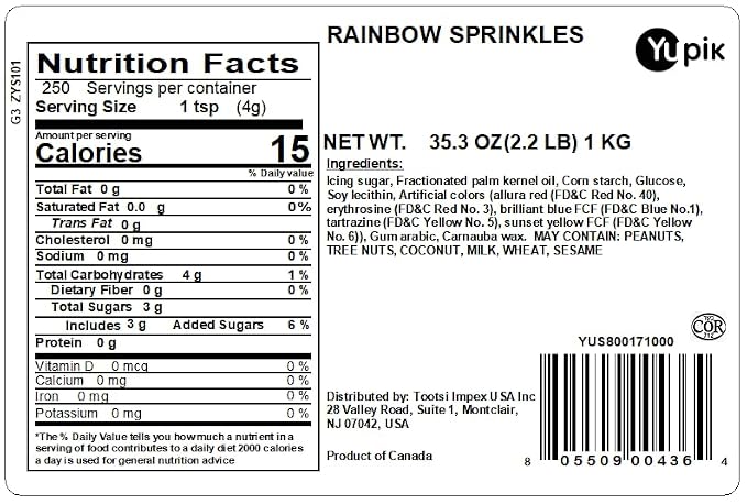 Yupik Rainbow Sprinkles, 2.2 lb (35.2 oz), Low Sugar, Cholesterol-Free, Sodium-Free, Kosher, Ideal for Baking, and Decorating Ice Cream, Cakes, Cookies, Cupcakes, and Donuts