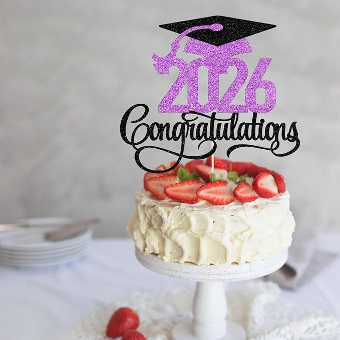 Glitter 2026 Congratulations Graduation Cake Topper,Congrats Grad Cake Decor - 2026 High School/College/Senior Graduation Party Decorations Supplie (2026Congratulations Dark purple)