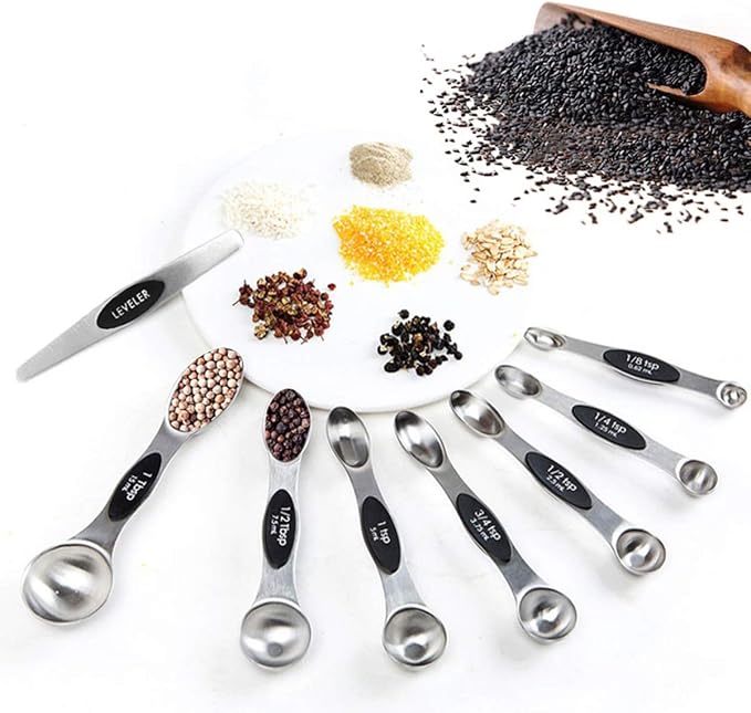 Stainless Steel Baking Tools, Magnetic Double-Headed Measuring Spoons, Seasoning Measuring Spoons With Scraper (8 PCS,Multicolor)