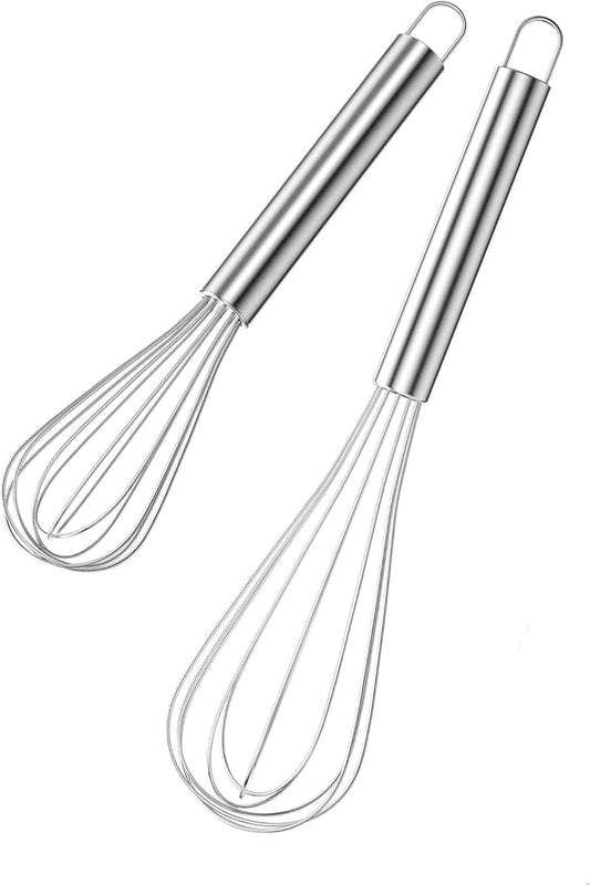 Digead Stainless Steel Whisk Set - 8"+10" Kitchen Wisk, Balloon Whisk for Baking, Cooking, Mixing, Blending, Beating Eggs, Cream, Sauces - Ergonomic Grip - 2 Pack