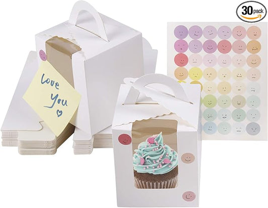 KEYIDO 30 Pcs Individual Cupcake Boxes White Single Cupcake Boxes 1 Hole Cake Box with Clear Window Inserts and 2 Sheets of Stickers for Wedding Birthday Party Favors